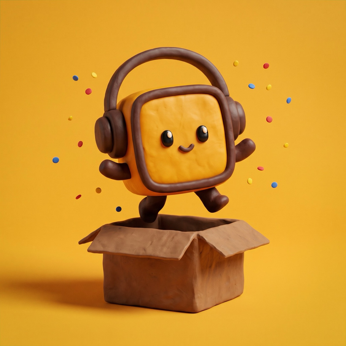 Boxy, a smiling clay box with headphones, jumping out of a cardboard box