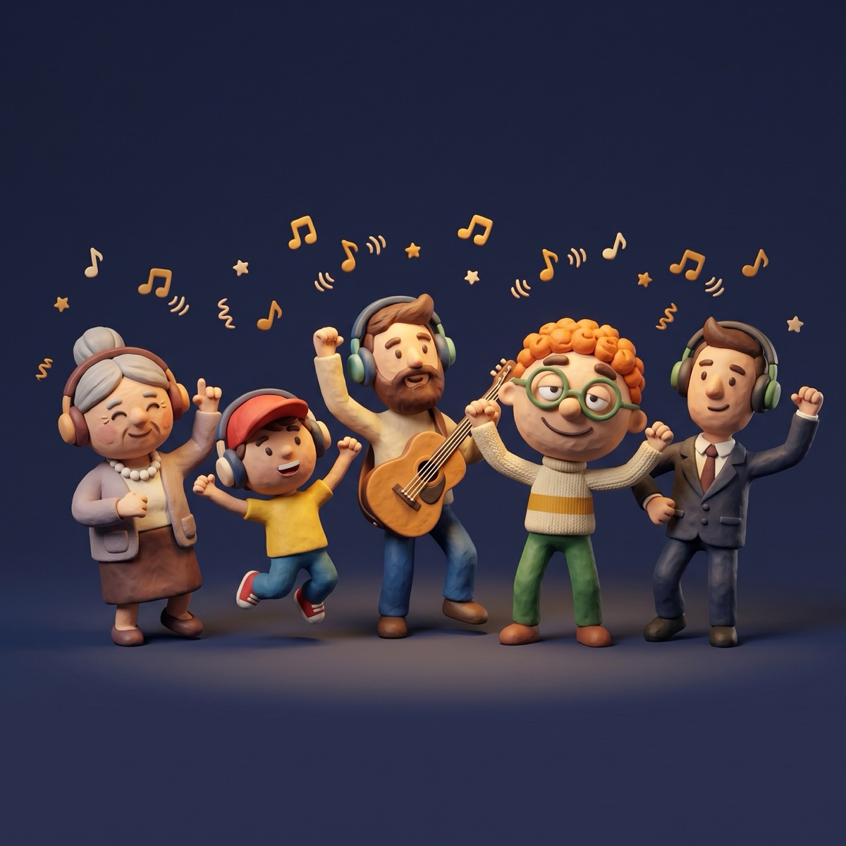A happy clay crowd dancing to music