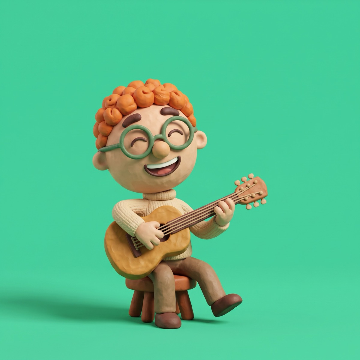 The clay character playing a guitar, eyes closed, happy