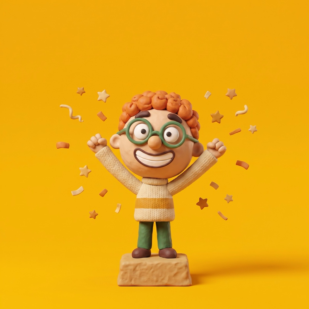 The clay character standing on a little stand, arms up, with confetti