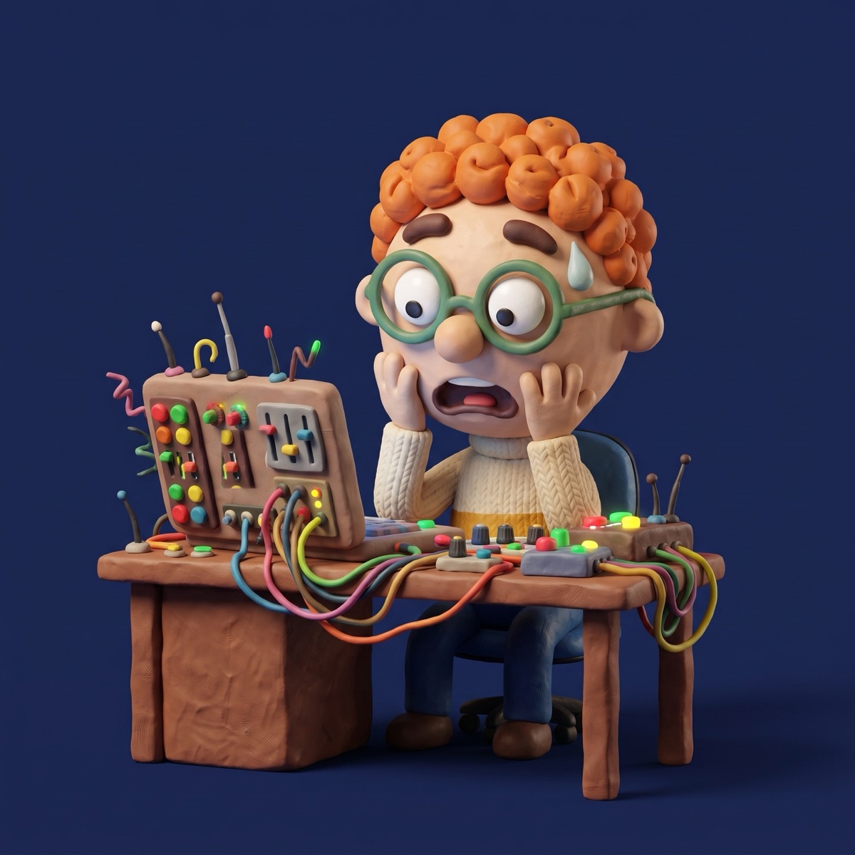 The clay character at a desk full of knobs and cables, looking overwhelmed